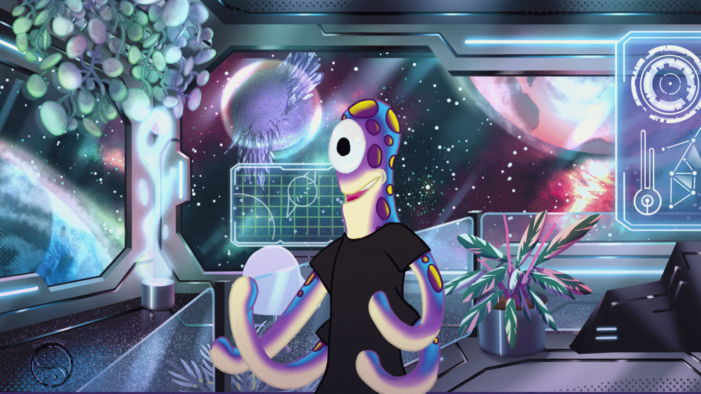 a four armed squid alien is cheering