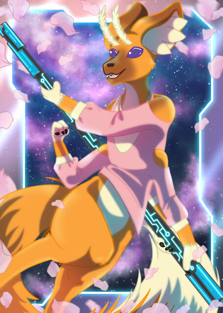 an action shot of a four armed fox alien, wielding a mechanical bow staff.